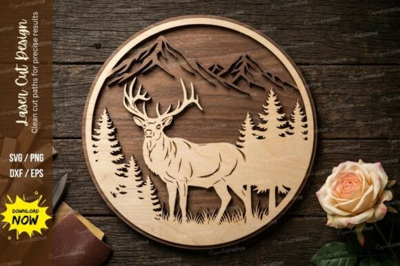 Deer Forest Mountain Laser Cut SVG: A Wildlife Décor Masterpiece