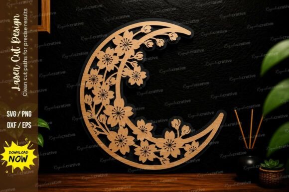 Floral Crescent Moon Laser Cut Svg