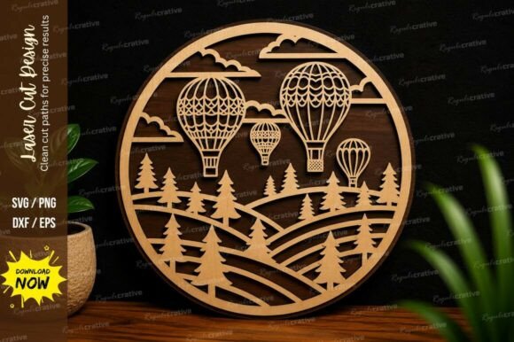 Hot Air Balloon Landscape SVG Laser Cut: Premium Design Files