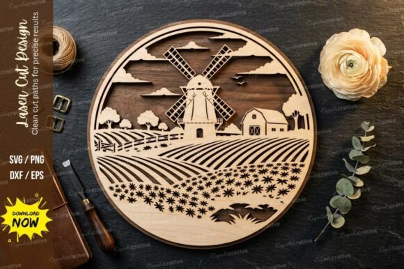 Windmill Farm Scene Laser Cut Svg: Elegant Design File